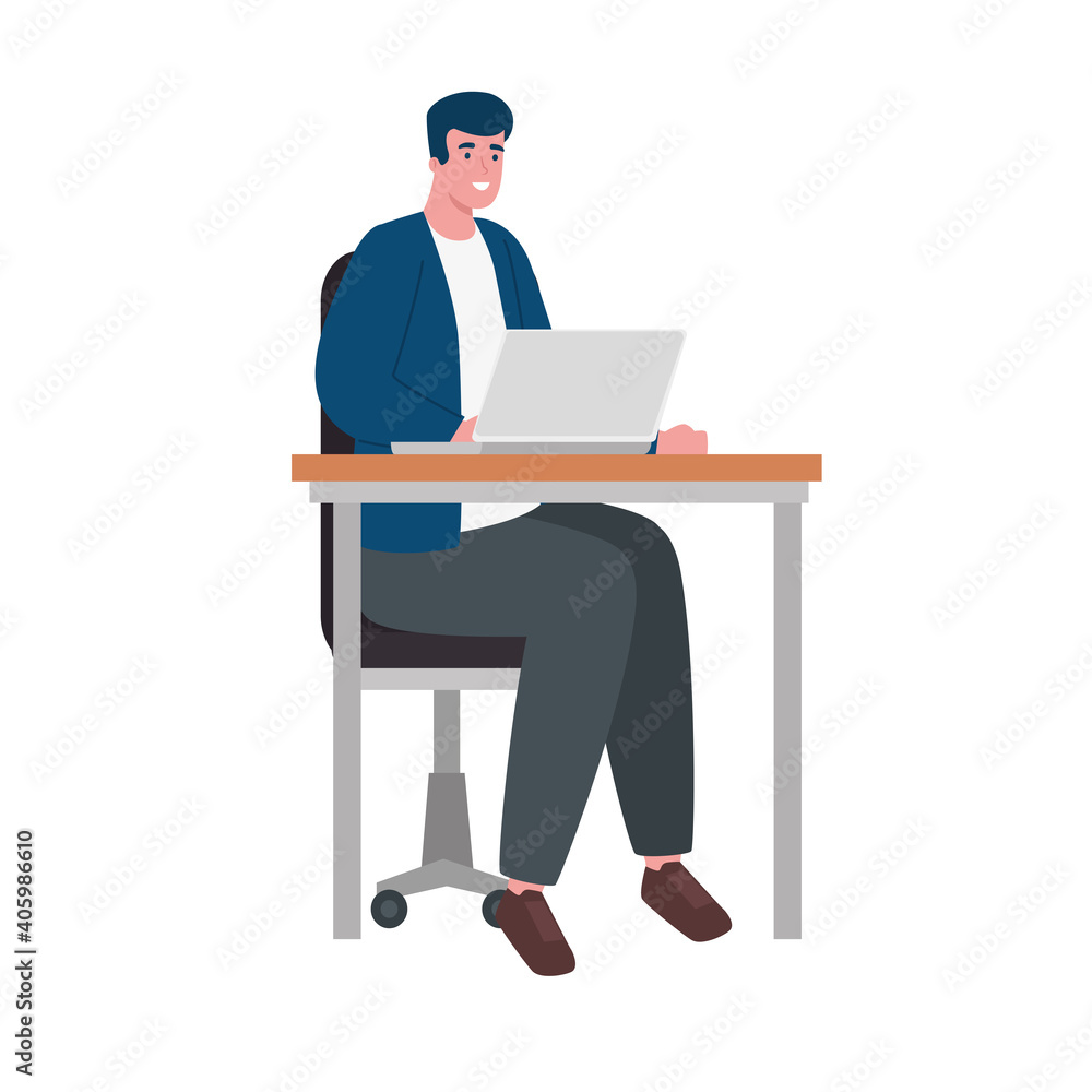 young man seated in the office working in laptop character vector illustration design