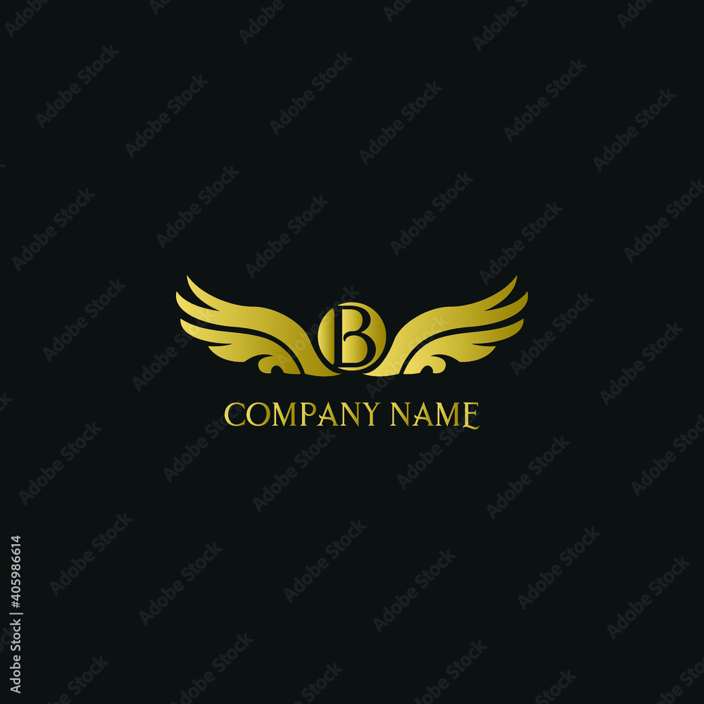 letter B and wings in luxury and elegant golden style logo design