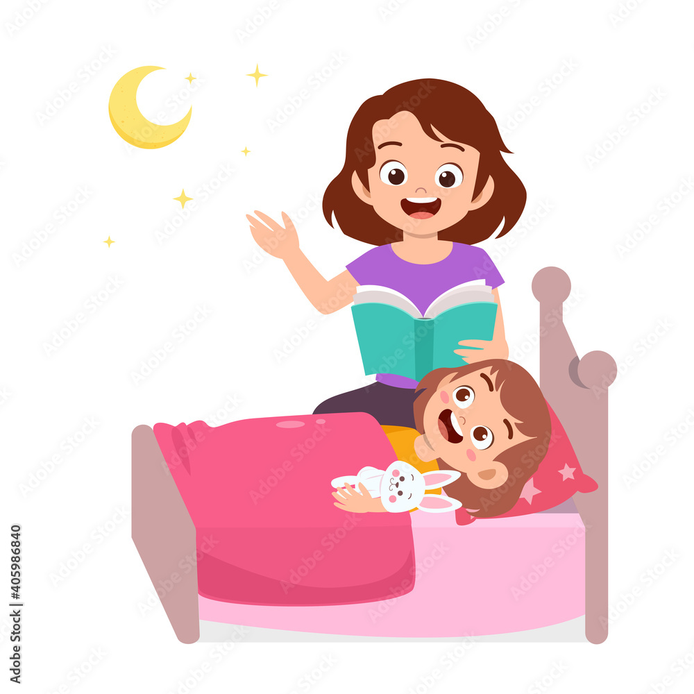 cute happy kid story time with mother