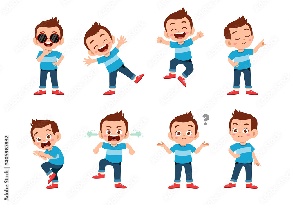 cute kid with many gesture expression set