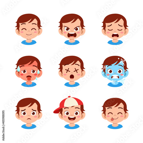 cute kid face expression emoji emoticon set