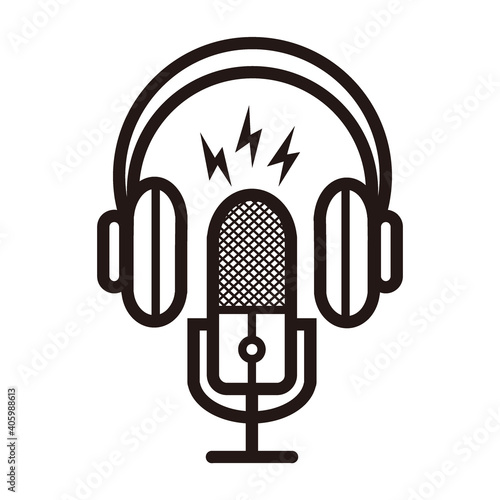 silhouette of podcast microphone with lightning sign for broadcast, music icon, etc - silhouette of podcast microphone with lightning sign logo or icon 