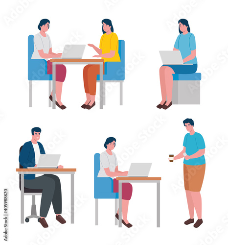 teamwork of six workers coworking office characters vector illustration design