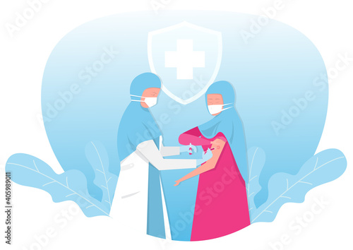 muslim nurse holds in his hand a syringe with a vaccine. Prevention, injections. Health vector. Medical site, landing pages.vector