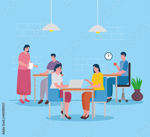 group of five workers coworking in the office characters vector illustration design
