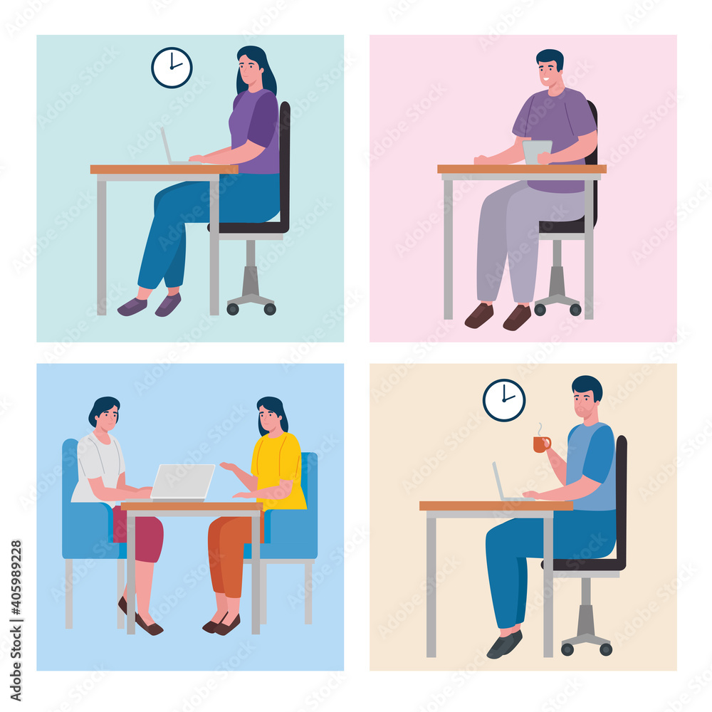 teamwork of five workers coworking office characters vector illustration design