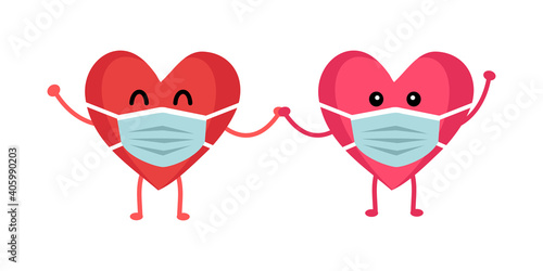 Red heart and pink heart cartoon wearing protective mask holding hands each other. Love in covid19 Coronavirus quarantine pandemic times. Design for Valentine’s Day greeting card, poster, banner.	