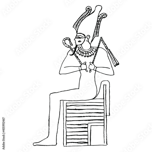 Ancient Egyptian god Osiris sitting on throne. Black and white linear silhouette. Hand drawn sketch.