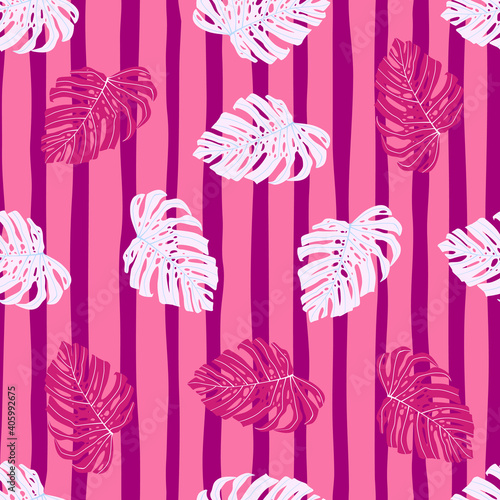 Seamless random bright pattern with pink and white monstera print. Striped pink background.