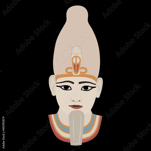 Portrait of ancient Egyptian pharaoh. Head of god Osiris.