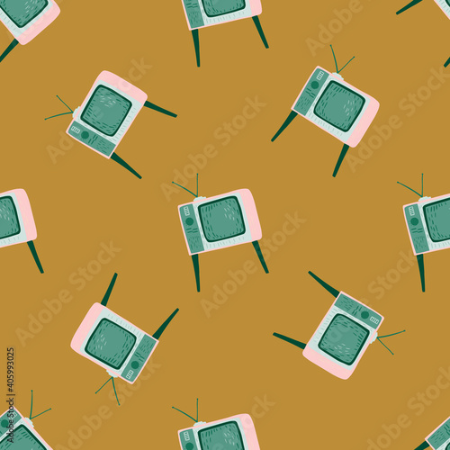 Retro media seamless pattern with tv technic ornament. Orange background. Movie print.