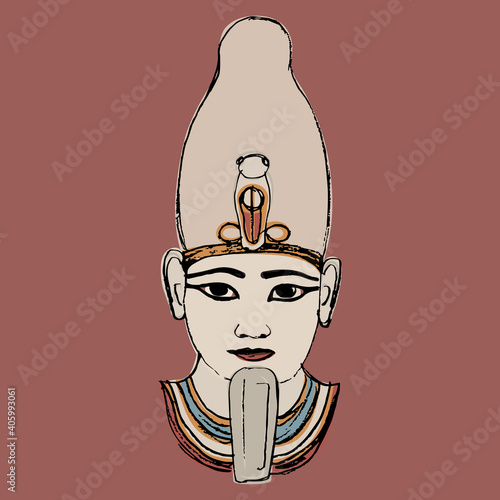 Portrait of ancient Egyptian pharaoh. Head of god Osiris. Hand drawn colorful sketch. 