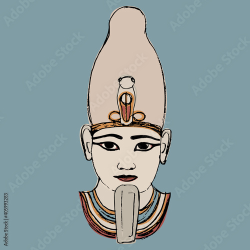 Portrait of ancient Egyptian pharaoh. Head of god Osiris. Hand drawn colorful sketch. 