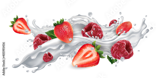 Fototapeta Naklejka Na Ścianę i Meble -  Strawberries and raspberries in a milk or yogurt splash.