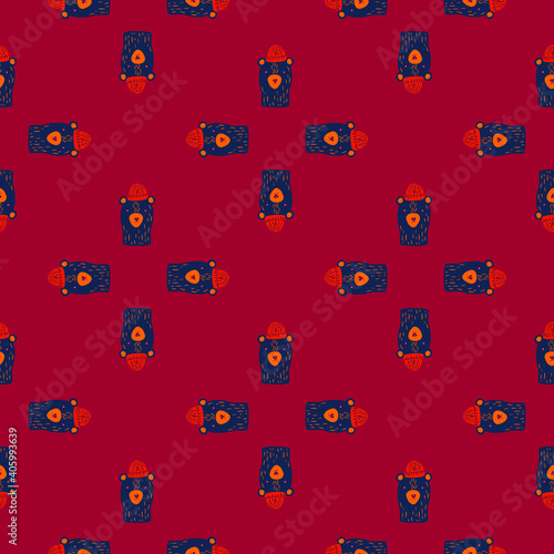 Wallpaper Mural Navy blue colored bear characters in hats seamless pattern. Doodle style. Maroon dark background. Torontodigital.ca