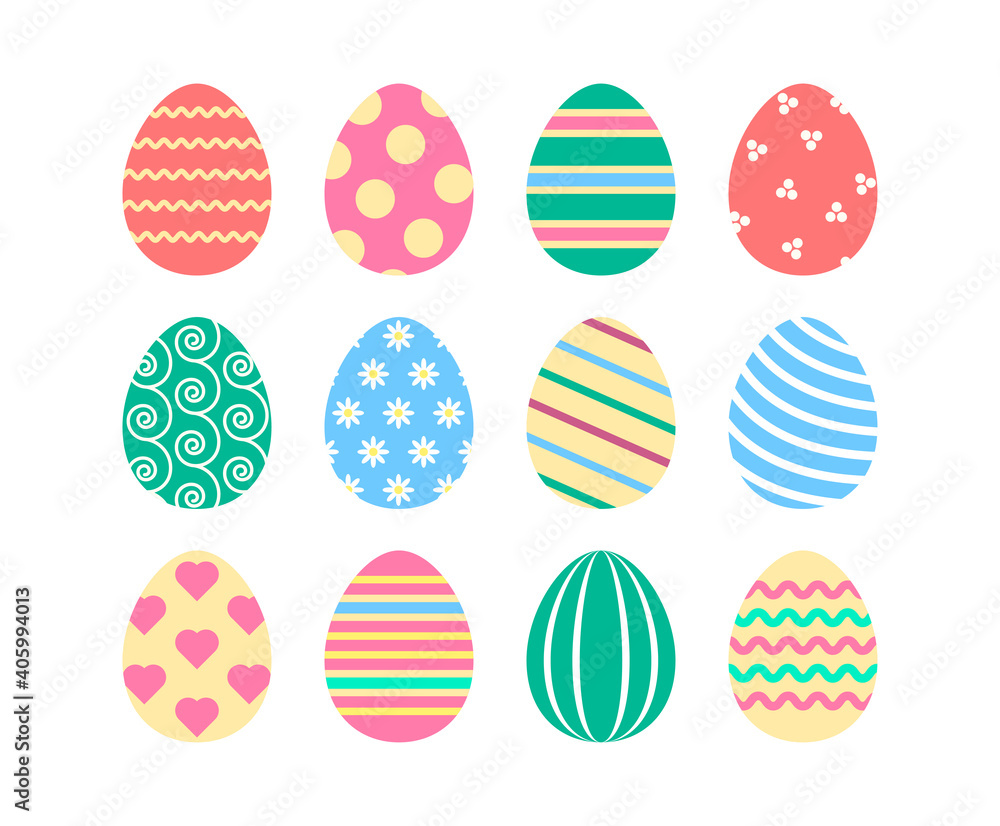 Colored flat easter eggs with funny patterns. Spring holiday set for decoration. Isolated vector icons on white background