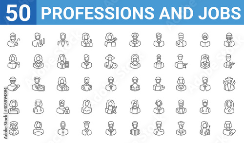 set of 50 professions and jobs web icons. outline thin line icons such as lobby boy, vector illustration