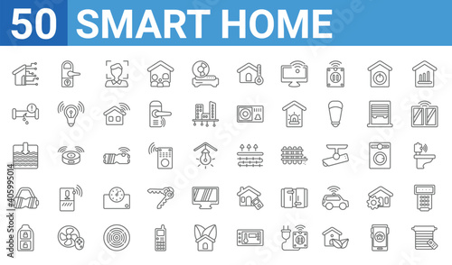 set of 50 smart home web icons. outline thin line icons such as jalousie automation,home automation,smart key,virtual reality,deep,leak,locking,underfloor heating. vector illustration