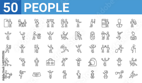 set of 50 people web icons. outline thin line icons such as the texas chain saw massacre,man knocking a door,man pushing child,war prisioner,student books,biceps of a man,parents,man jumping. vector