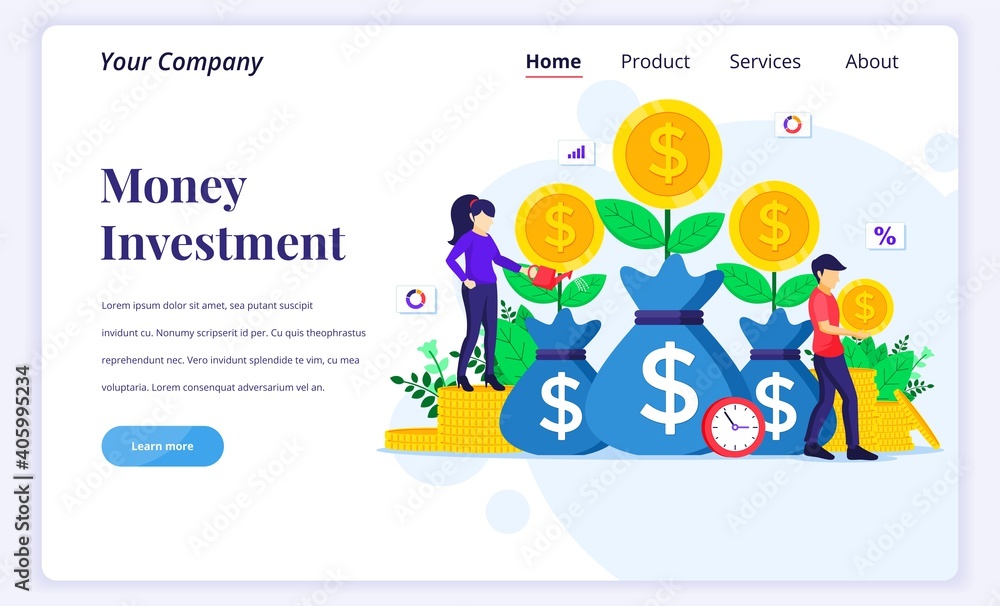 Landing page design concept of Money investment, people watering money tree, collect coin, increase financial investment profit. Flat vector illustration