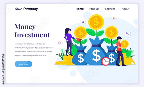 Landing page design concept of Money investment, people watering money tree, collect coin, increase financial investment profit. Flat vector illustration