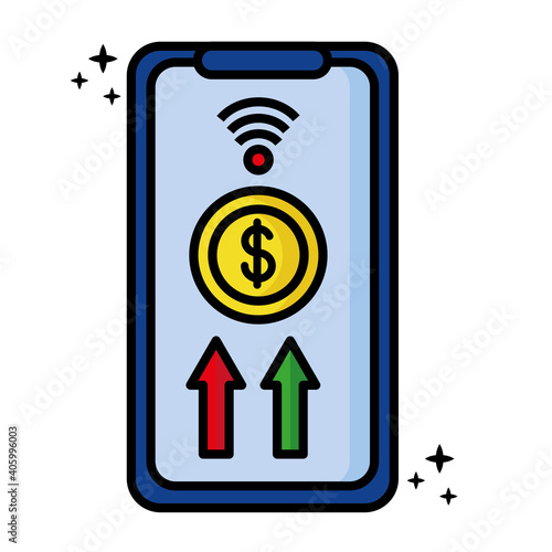 smartphone with coin and arrows financial icons vector illustration design