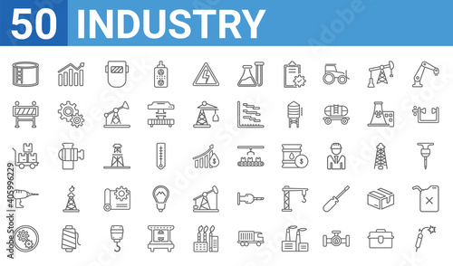 set of 50 industry web icons. outline thin line icons such as welding,storage tank,mechanism,drill,pushcart,barrier,stats,assembly line. vector illustration