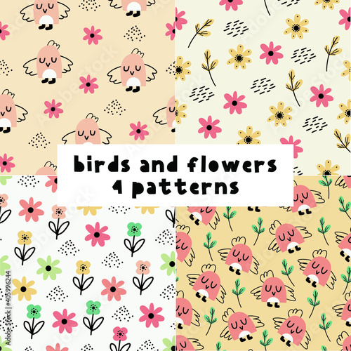 Set of Birds and Flowers vector seamless pattern for print