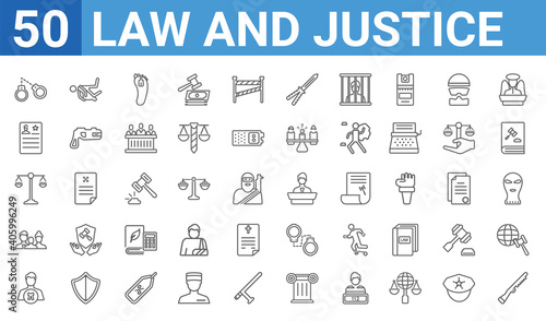 set of 50 law and justice web icons. outline thin line icons such as shotgun,criminal law,attorney,child custody,justice scale,criminal record,murder,counsel. vector illustration