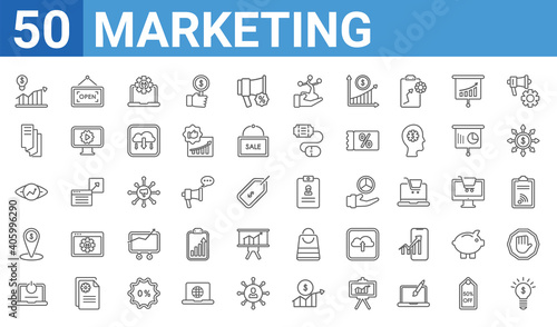 set of 50 marketing web icons. outline thin line icons such as innovation,demand,on,place,business eye,flyer,open,id. vector illustration