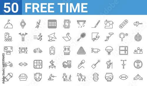 set of 50 free time web icons. outline thin line icons such as camping,climbing,skateboarding,quad,instant camera,roller,watches,billiard. vector illustration