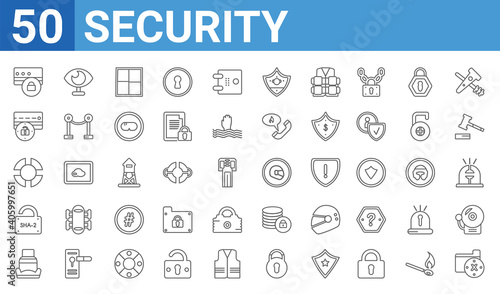 set of 50 security web icons. outline thin line icons such as unsecure,protected cit card,safety seat,sha 2,lifeguard float,unlocked security of cit transaction,insight,racing helmet. vector
