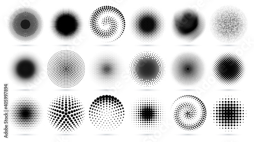 Halftone circle. Round dotted texture, radial geometric dots pattern and graphic decor circles vector set