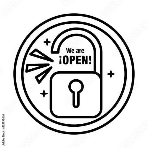 reopening lettering with padlock in sticker line style icon vector illustration design