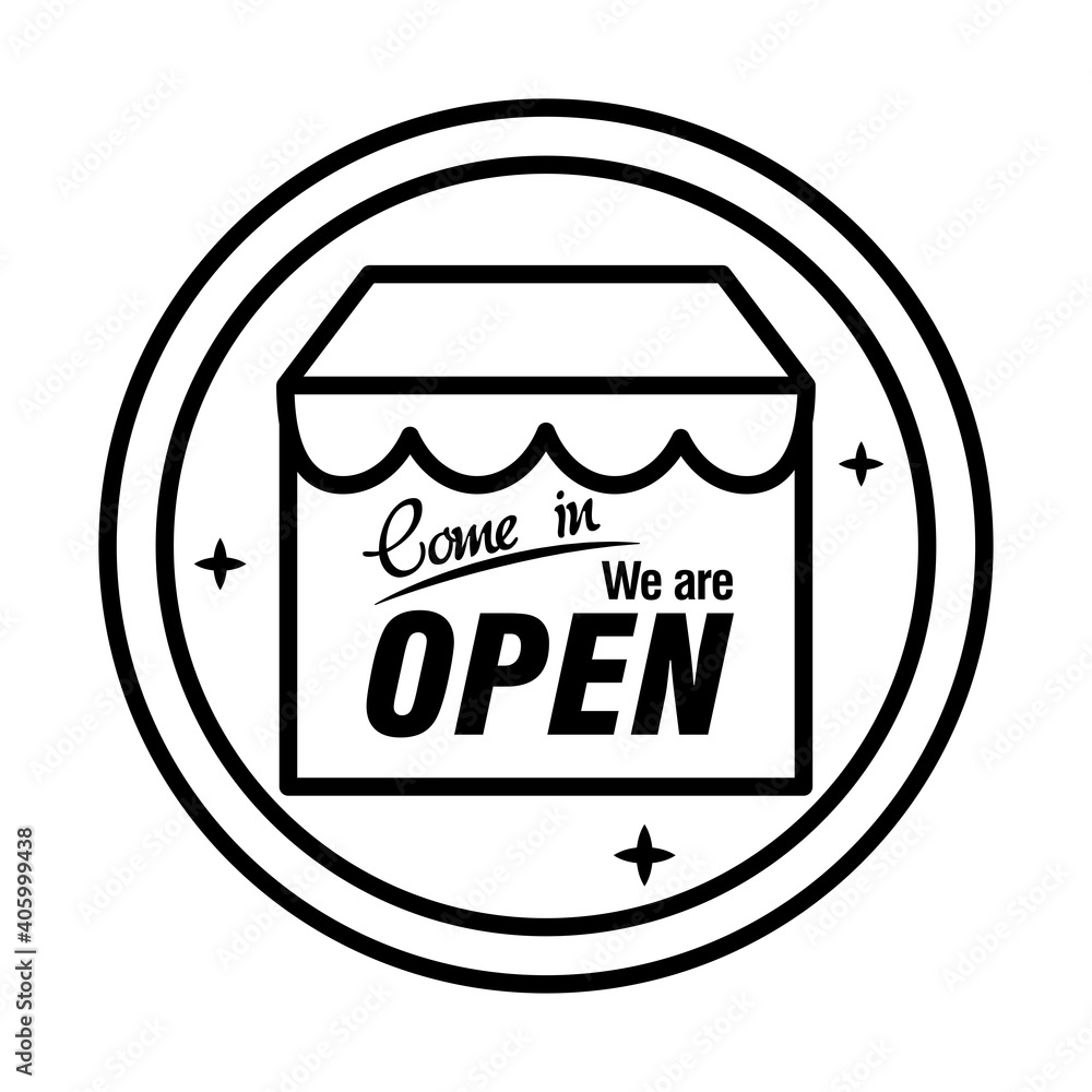 reopening lettering with store front in sticker line style icon vector illustration design