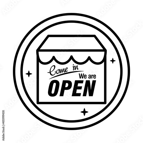 reopening lettering with store front in sticker line style icon vector illustration design