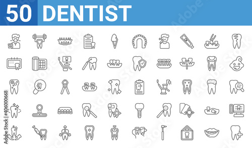 set of 50 dentist web icons. outline thin line icons such as aid,chewing gum,dental care,tooth whitening,bicuspid,dental appointment,healthy tooth,health report. vector illustration