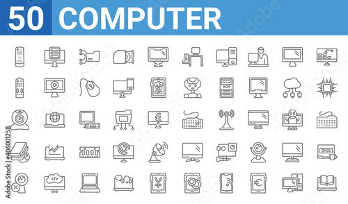set of 50 computer web icons. outline thin line icons such as laptop educational tool,tv remote,webcam disconnected,book and computer mouse,webcamera,tv controller,pc storage,keyboard with cable.