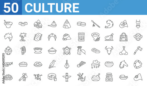 set of 50 culture web icons. outline thin line icons such as australian flag,crema catalana,mask for brazil carnival celebration,australian alligator,sleigh bell,australian continent,steamed
