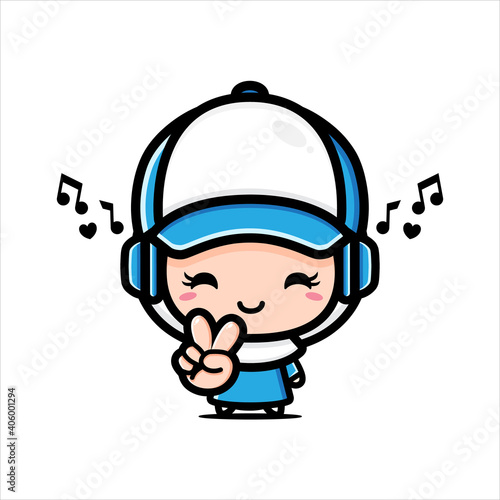 cute girl character design wearing a veil while listening to music with headphones
