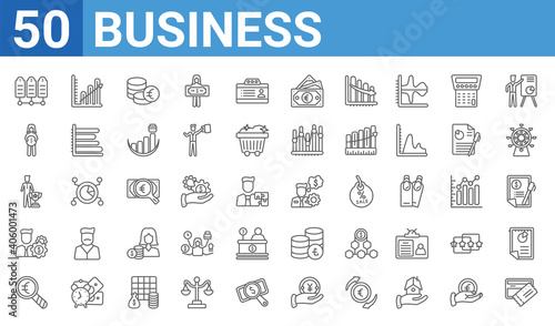 set of 50 business web icons. outline thin line icons such as cit card and ticket,numbe information,euro under magnifier,man with money gears,man succesing,woman holding big coin,column