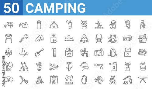 set of 50 camping web icons. outline thin line icons such as camp table,camper,trees,slingshot,hook,grill,mountain,jockey. vector illustration