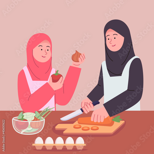 Arabian Mother and Daughter Preparing Cooking Together Illustration