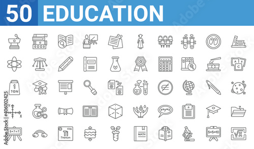 set of 50 education web icons. outline thin line icons such as square root in class,classroom tribune,math class,cartesian coordinate system,tonne,photon,stack of books,experimentation. vector