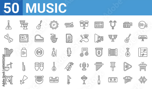 set of 50 music web icons. outline thin line icons such as cymbals,balalaika,gong,kettledrum,harp,clave,djembe,quaver. vector illustration