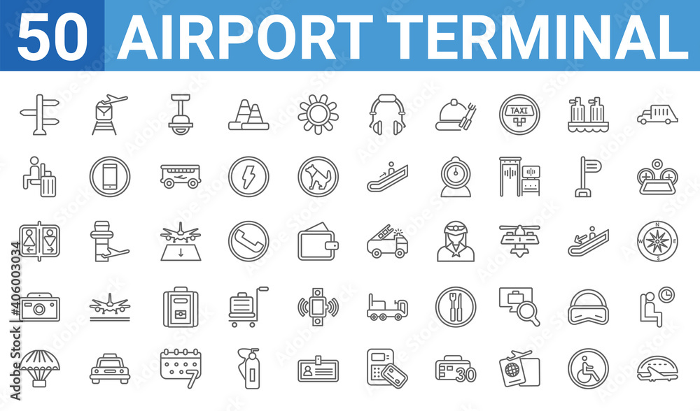 set of 50 airport terminal web icons. outline thin line icons such as hangar,trip,parachute open,vintage camera,airport toilets,waiting for flight,train to the airport,emergency truck. vector