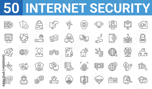set of 50 internet security web icons. outline thin line icons such as encrypted,server security,data locked,interactive,cyber security,web cookies,protected,home network. vector illustration