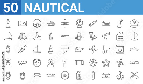 set of 50 nautical web icons. outline thin line icons such as oars,smeatons tower,water resist watch,ship admiral,lady swimwear,windsail,treasure map,watercraft. vector illustration
