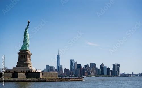 Liberty Island with New York Cityscape in the background, Statue of Liberty © Evan