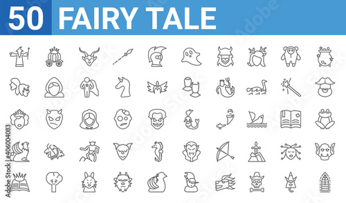 set of 50 fairy tale web icons. outline thin line icons such as stained glass,wizard,fairy tale,griffin,queen,protagonist,cinderella carriage,mermaid. vector illustration